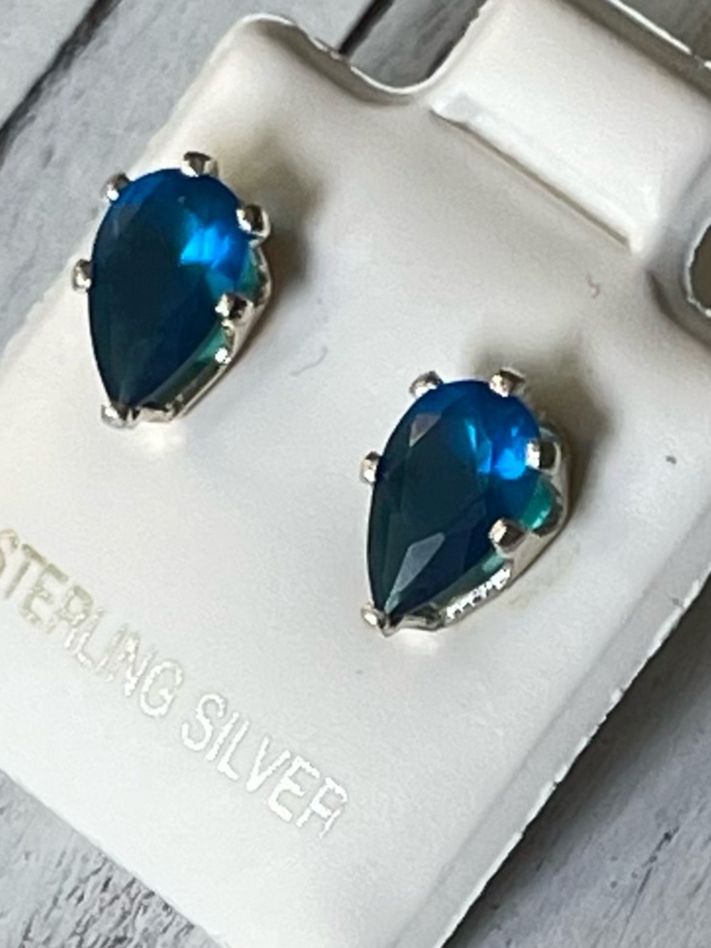 Sterling Silver- Pear Blue Zircon CZ Stud Earrings